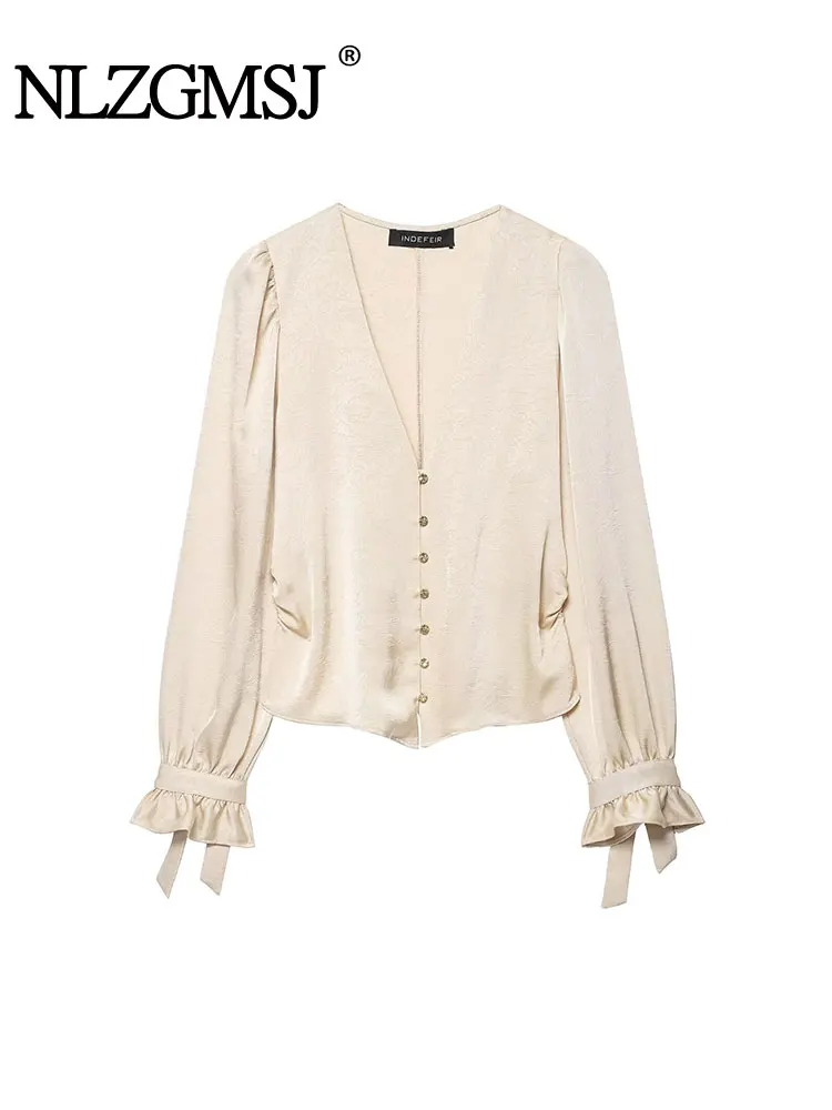 

NLZGMSJ Chic Solid Casual Long Sleeve Button Women Shirt Fashion 2025 Autumn Commute Streetwear Short Blouse Basics Top