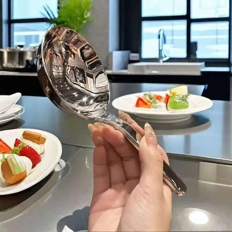 1PCS  Stainless Steel Deepen Tablespoons Soup Ladle Short Handle Large Ramen Bouillon Spoon Kitchen Tableware Cooking Utensils