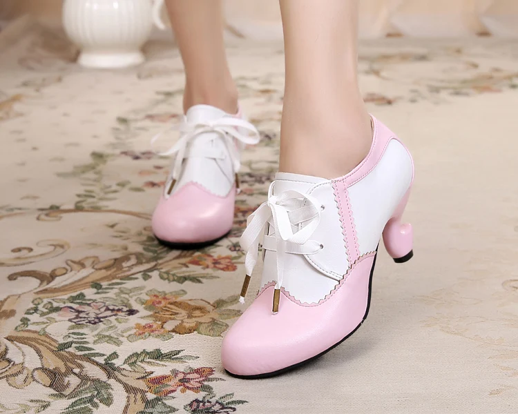 Handmade Cute Sweet Ribbon Table Leg round Toe Color-Blocking Vintage Luo Deep Mouth Small Leather Shoes Lolita