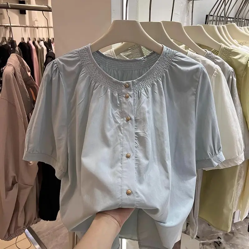 Knopf Hemden und Blusen Korea Sommer Mode Frau Bluse solide Top weibliche Kurzarm Rüschen Hemden süße Kleidung neu