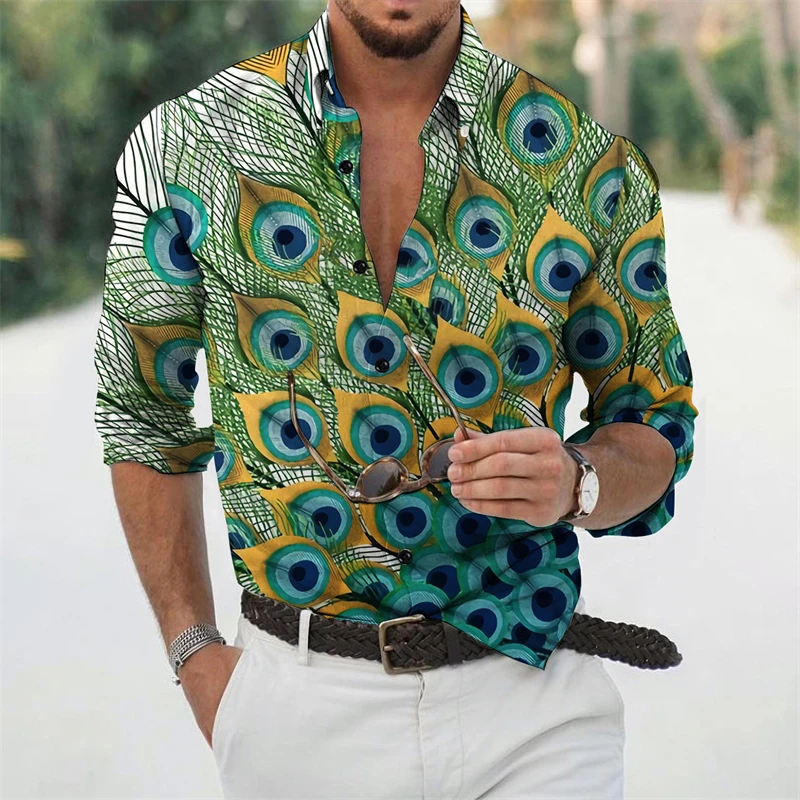 Men Turn‑Down Collar Long Sleeve Button‑Up Shirt Stunning Peacock Feather Animal Print Casual Street Party Top