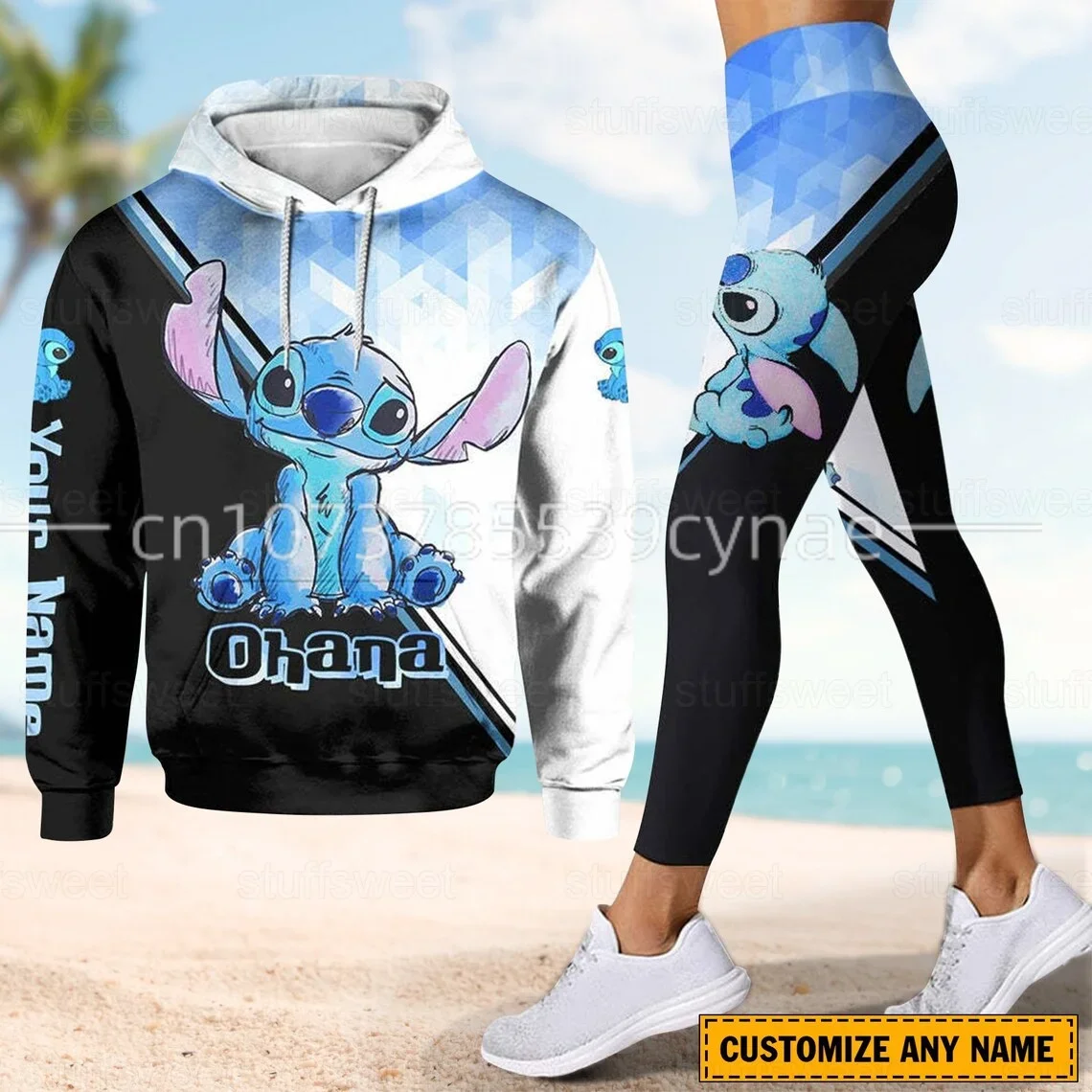 Disney-Conjunto feminino com capuz e leggings 3D, terno esportivo Mickey, calça ioga, moletom fashion