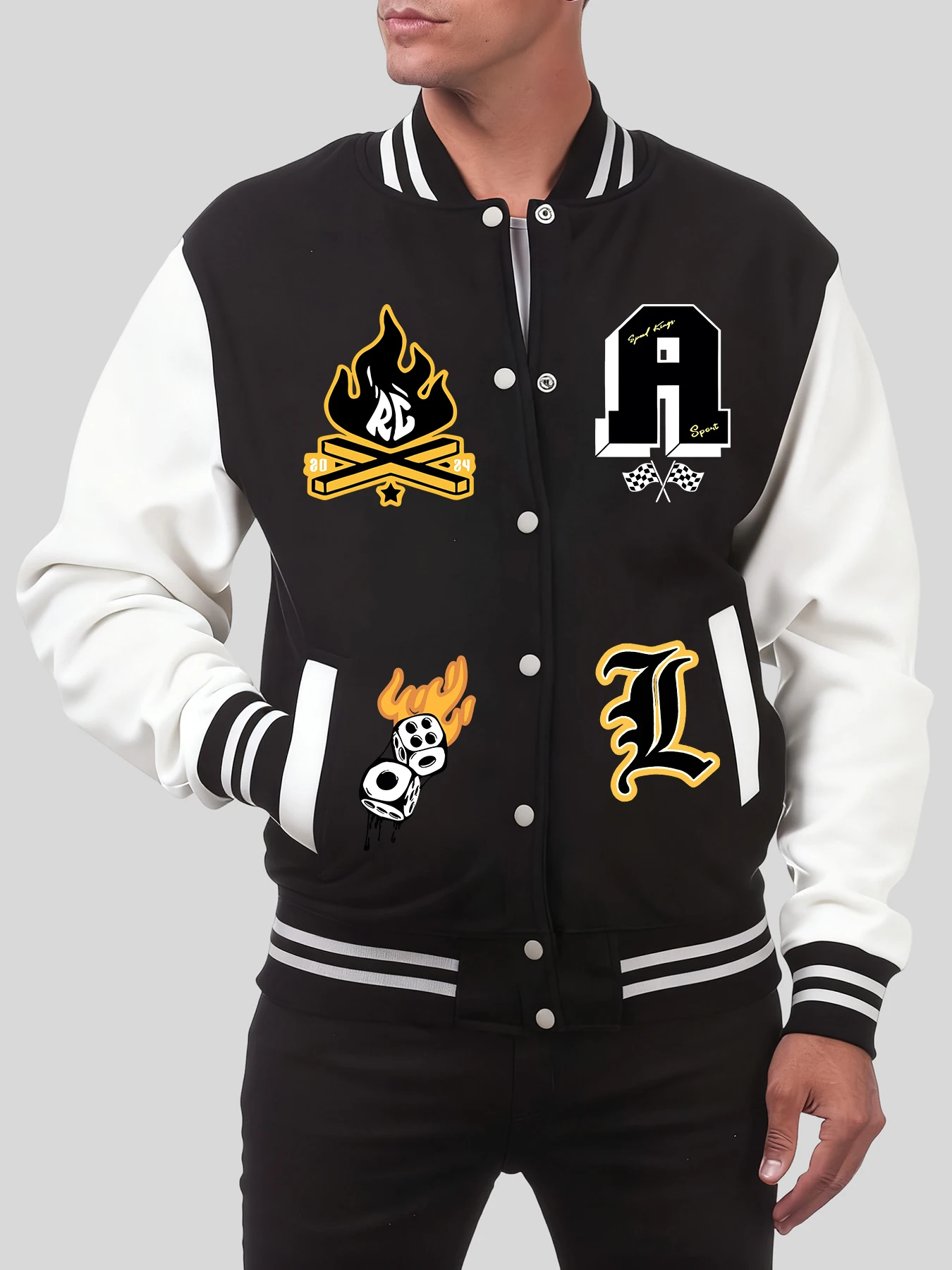 عقد تمرين مريح هنا طباعة زي بيسبول رجل ملابس غير رسمية Y2K سترة أمريكية عتيقة ملابس رياضية من الصوف للخريف #2
