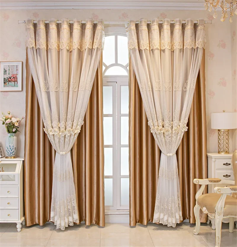 Cortinas de doble capa bordadas en relieve 3D para sala de estar, dormitorio, comedor, elegantes cortinas de ventana de café con sombreado alto