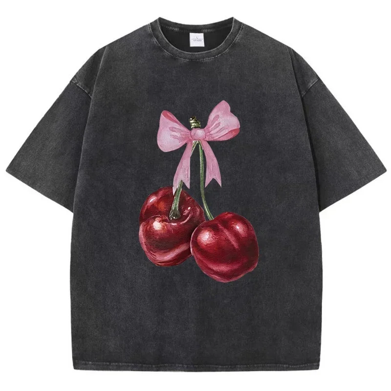 New Womans Cotton Washed T-Shirts Fashion Distressed Loose Tee Shirts Carefully Packaged Cherries Prints Tops Casual