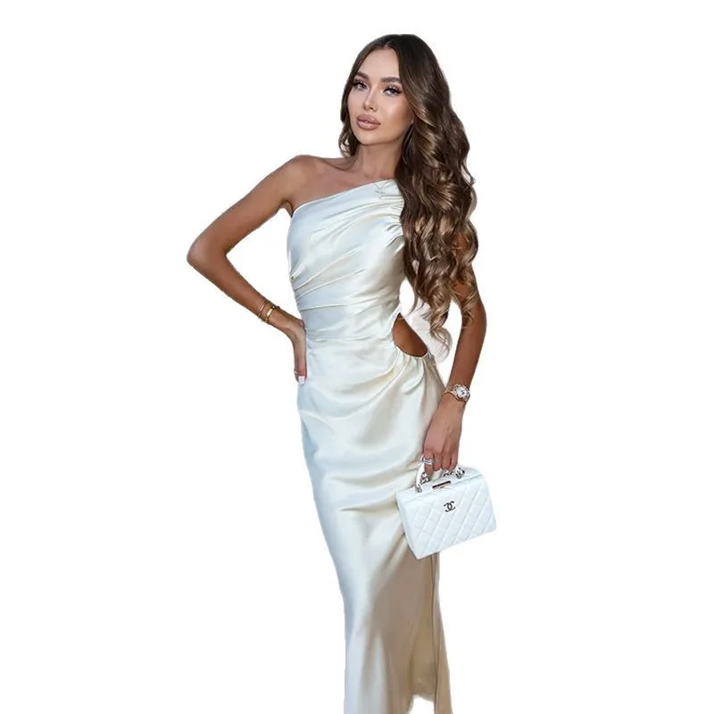 Amazon Cross-border Sexy Women's Clothing Slim Body Temperament Slanted Collar Hollow Waist High-end Satin Dress For Women