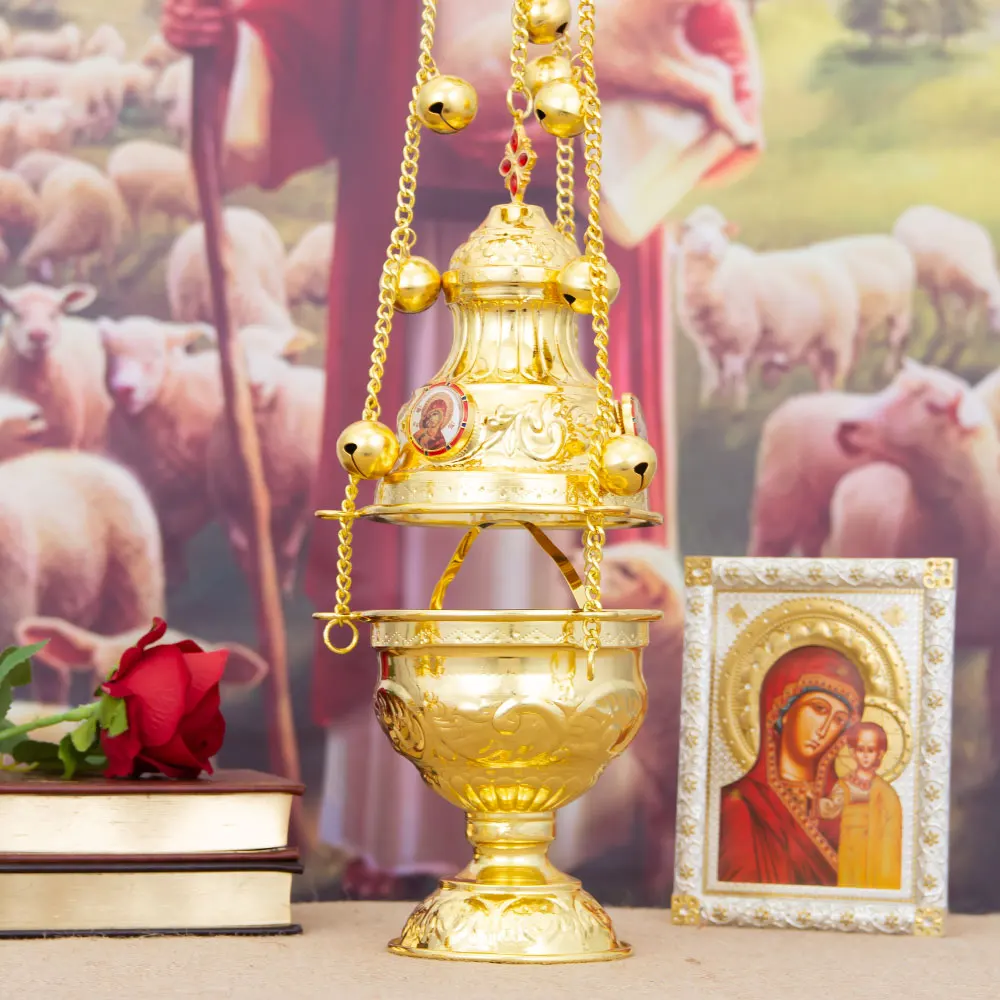 مبخرة ثوربل أرثوذكسية ذهبية عتيقة معلقة مع سلسلة أجراس مبخرة الكنيسة الكبيرة لديكور مذبح الحفل الديني #1