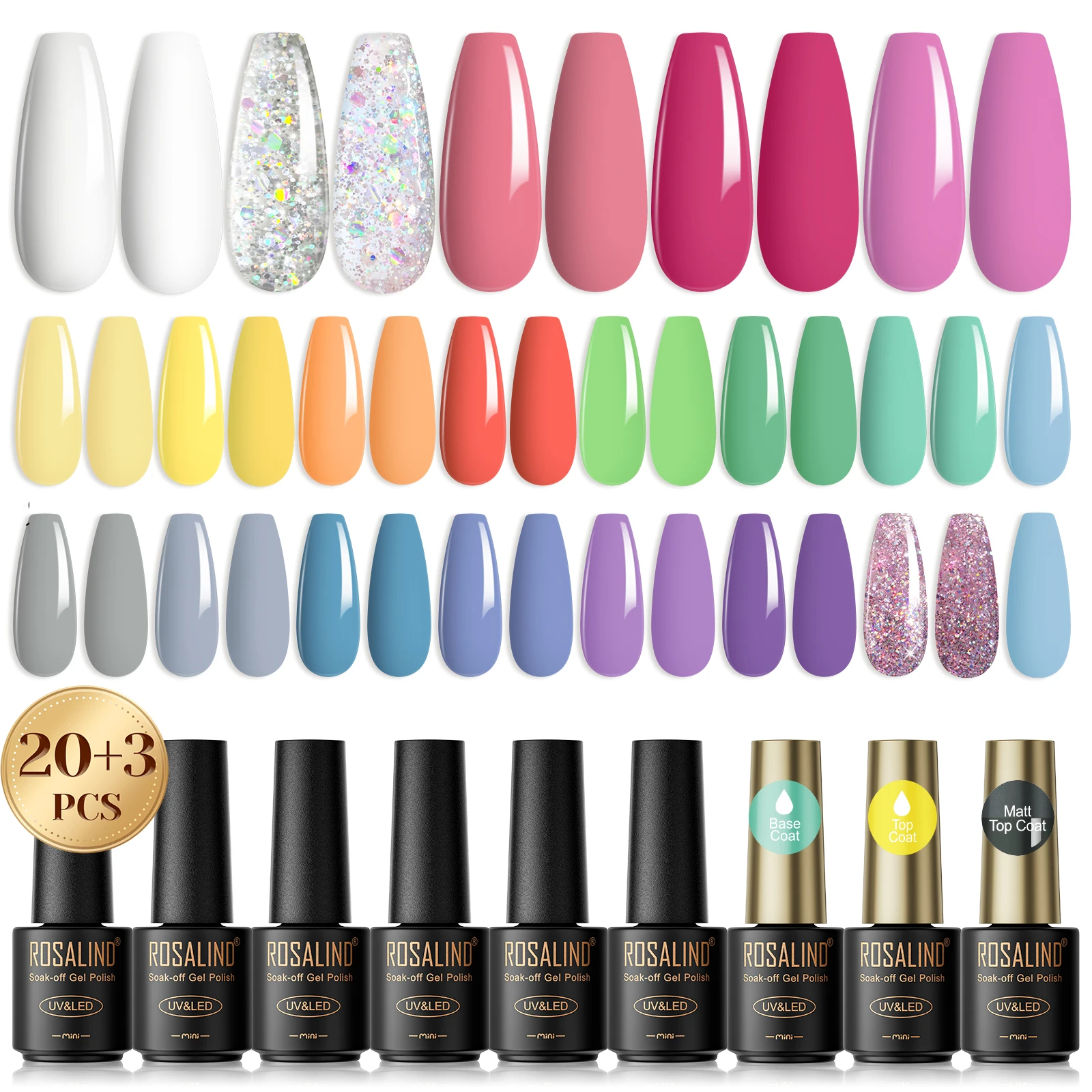 ROSALIND 5ml Zwart Wit Gel Nagellak Set Box UV Gel Nagellak Hybrid Semi Permanent -20 Kleuren met Basis Matt Top Coat