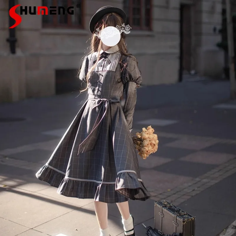 

Japanese Original Retro Gray Plaid Waist Dress Elegant Long-sleeved Long Slim Fit Dresses Autumn 2024 College Style New Vestidos