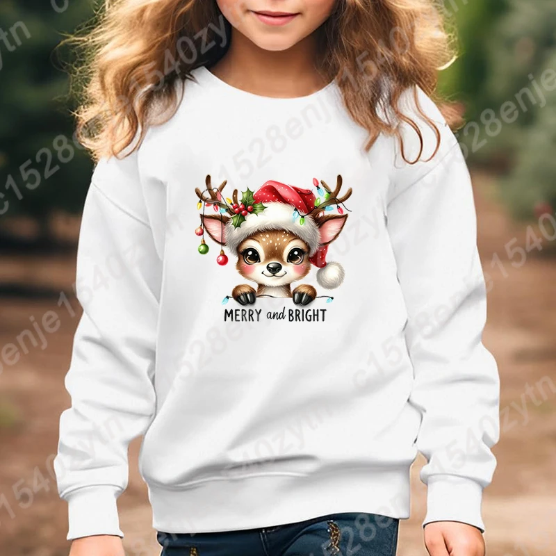 Christmas Light Reindeer Merry And Bright Print Pullovers Round Neck Kids Boys Girls Hoodless Sweatshirt Long-sleeved Sweatshirt