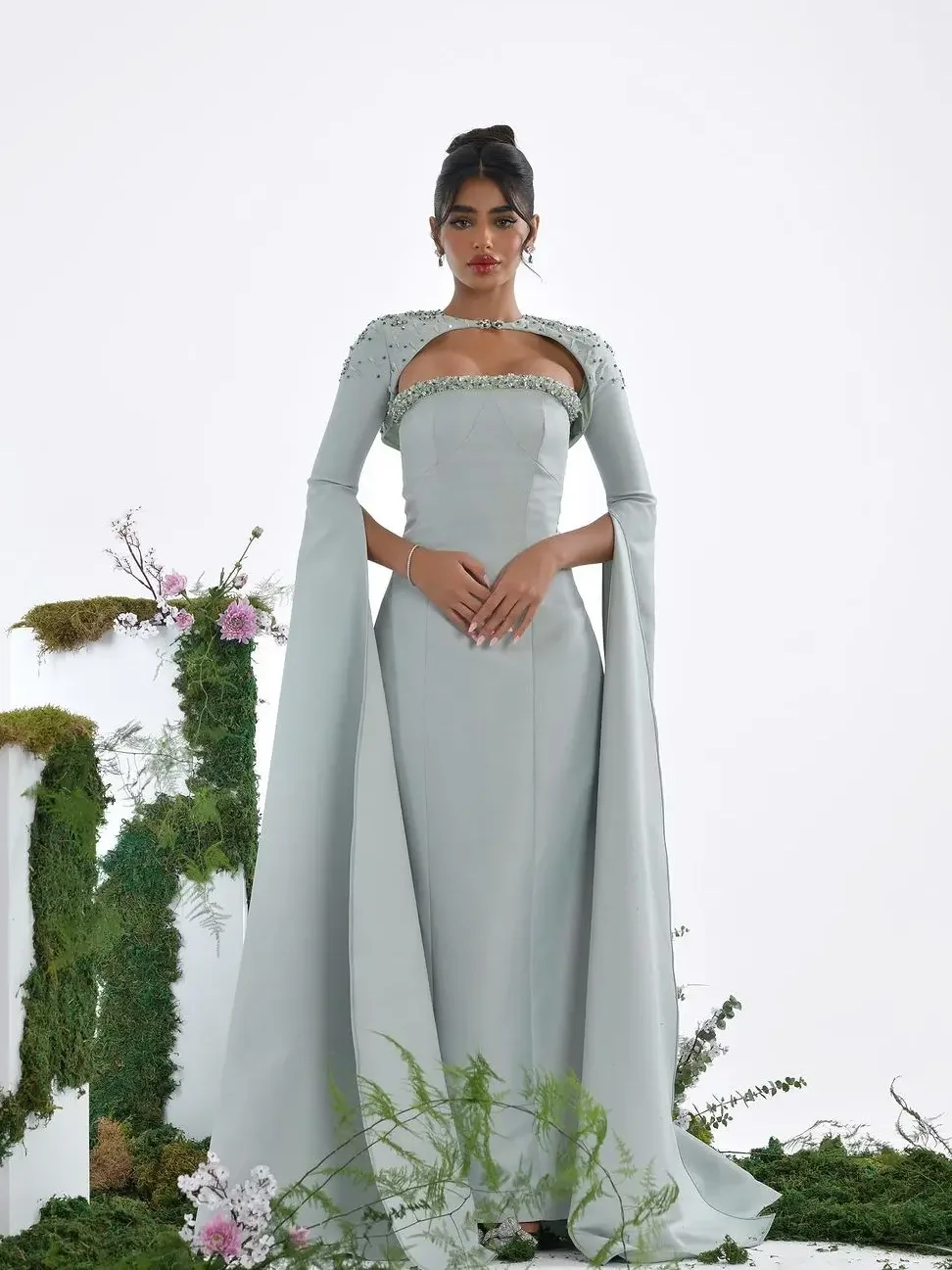 

Beads 2-Piece Prom Dresses 2024 New Strapless Slit Long Sleeves Floor-Length Arabia Formal Occasion Evening Dresses Robes De