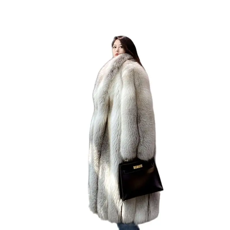 2024 Winter New Style Imported from Finland Crown Golden Island Fox Hair Full V-Neck Lapel Long Fur Coat Women's Fashion Sexy Wa