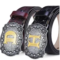 Western Belt Men Genuine Leather Belts for Men Women Cowboy Cowgirl Big Letters Buckle Gold Male Belts Long Black Brown Quality