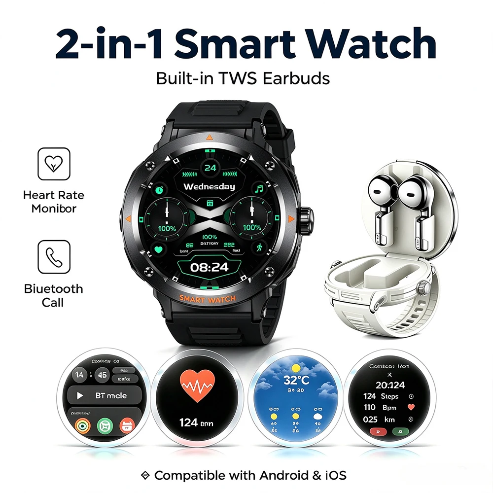 Smartwatch da uomo per attività all’aperto, con auricolari TWS integrati, funzione 2 in 1, chiamate Bluetooth, monitoraggio della frequenza cardiaca, 