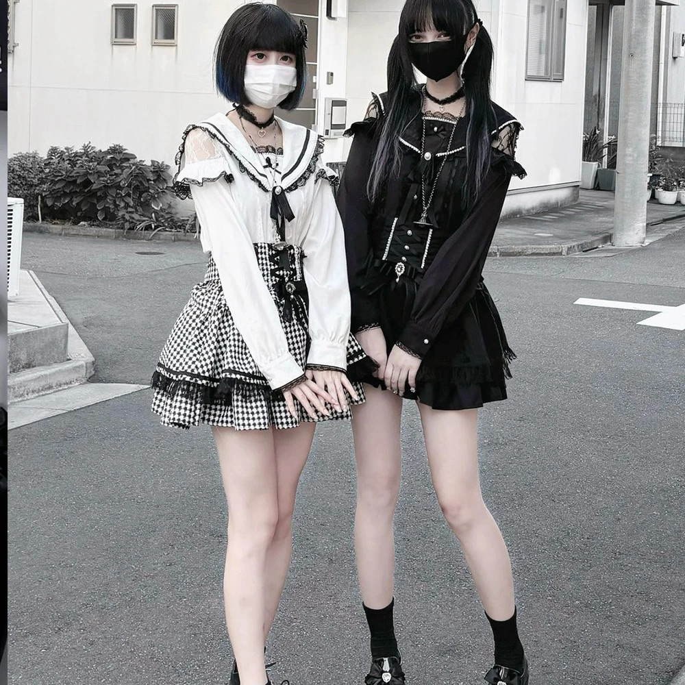 

Gothic Lolita Shirt and Skirt Set Women's Sailor Collar Lace Ruffled Shirt+Pearl Bow Mini Skirt Kawaii Fashion Two-Piece Y2K Set