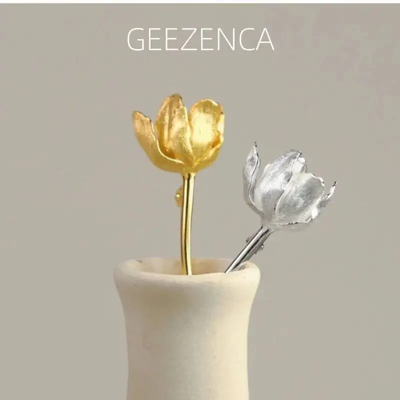 

GEEZENCA 925 Sterling Silver 3D Tulip Flower Brooches For Women Aesthetic Plant Chic Clothing Accessories Pins New Party Gift