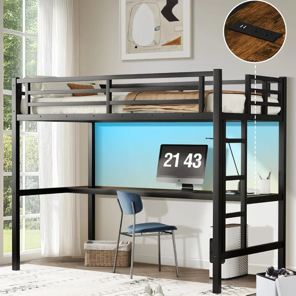 

Twin XL Size Metal Loft Bed with Desk & Ladder, LED Lights & Charging Station, Sturdy Noise-Free Frame for Kids, Teens & Adults,