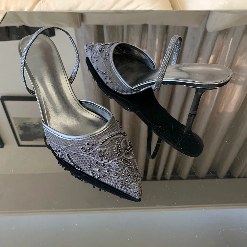 Brand Designer Mesh Embroidered White Women's High Heels Flower Straps Sexy Bareback High Heels Dress Women's Wedding Shoes view 5