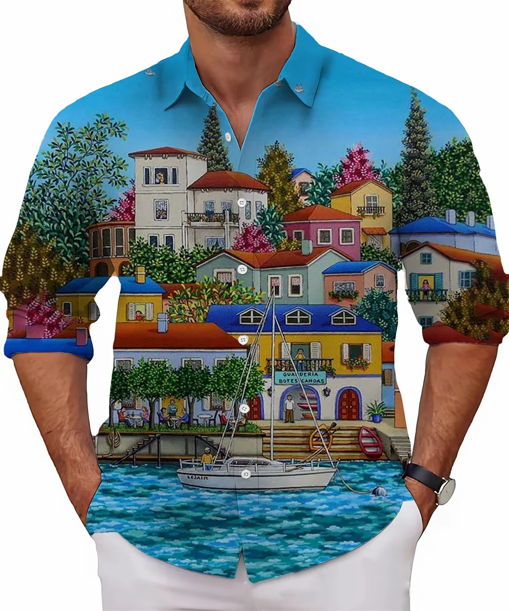 

New style printed landscape graphic shirt men's long sleeve casual shirt fashion street high-end large size men's clothing 6XL