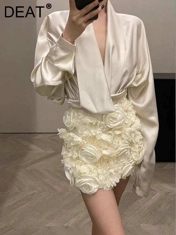 DEAT Elegant 2 Pcs Set Deep V-neck Pleated Stain Shirt 3D Flower Hip Warp Skirt Women's Party Suit 2025 Spring New Tide 35Z1696