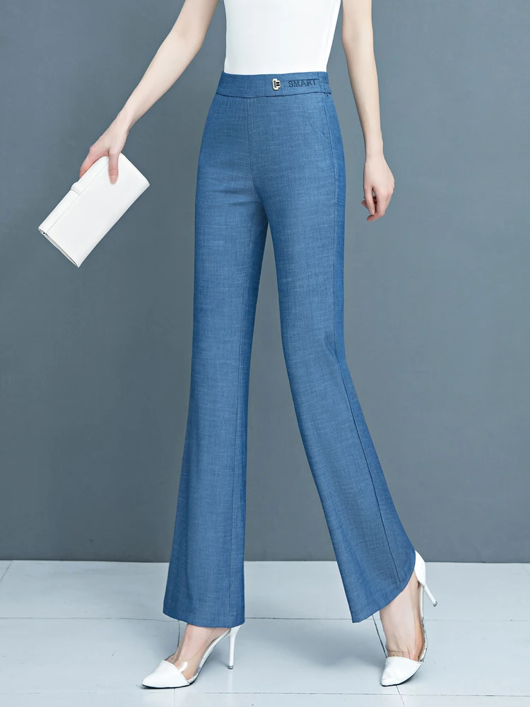 

Summer Thin Silk Denim High Waist Micro Flare Pants Women's Casual Style Ice Silk Nine Points Elastic Waist Ladies Jeans