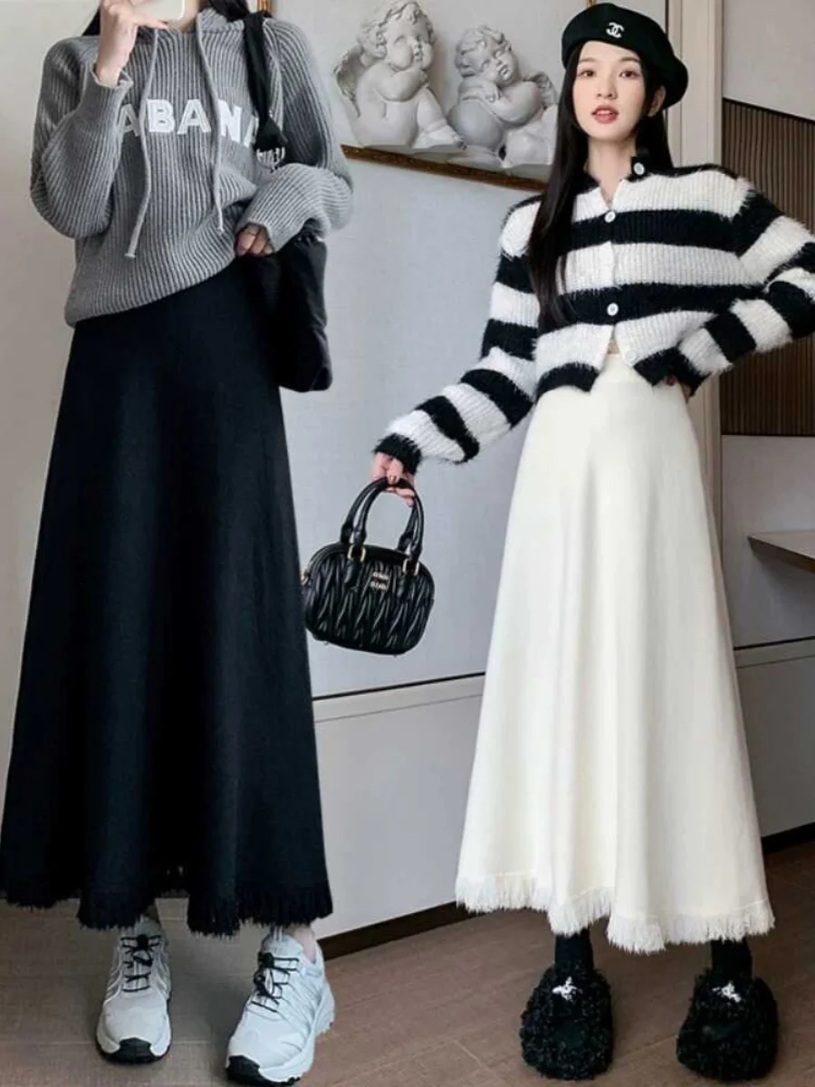 Khaki Knitted Half-length Skirt Women's Autumn Winter New Elastic Waist Draped Large Umbrella Skirt Slim High Waist Midi Skirt
