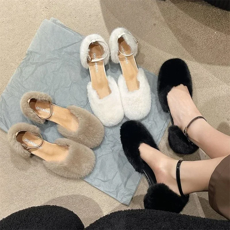 French Style Fur Headed Back Air Sandals Vintage One Line Buckle High Heel Single Shoes for External Wear