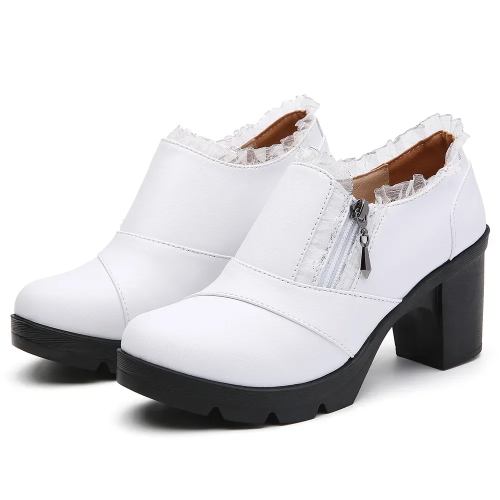 Women Genuine Leather Shoes Woman High Heel Square Heel Shoes Black Women's Pumps Female Shoes High Heels Classics Casual image 4
