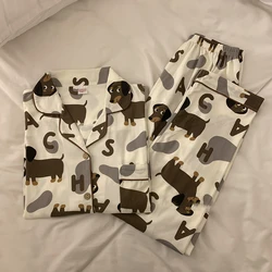 Ensemble de pyjama en coton imprimé teckel pour femmes, manches courtes, pantalon pleine longueur en Y, vêtements de nuit mignons, 2 pièces, printemps, été, 2024, 3991