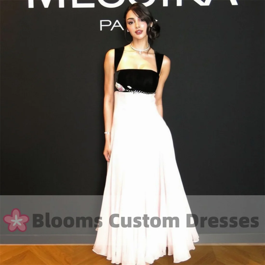 

Blooms Square Neck Sleeveless Evening Dresses Beaded Rose Draped A-Line Celebrity Dress Formal Occasion Party Dress For Prom