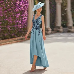 New Arrival Sky Blue Mother Gowns 2024 Mother of the Bride Dresses Lace Ankle Length Wedding Party Dresses High Low V Neckline