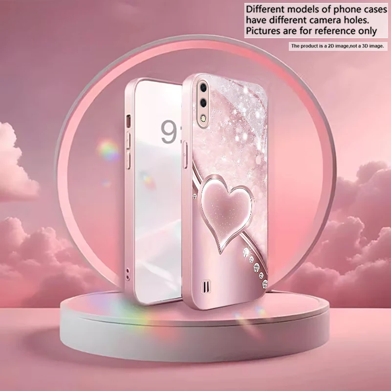 Blush Dream Heart Pink Metallic Glass Phone Case For Samsung A33/A34/A36/A42/A50/A51/A52/A53/A54/A55/A56/A70/A71/A72 Back Cover