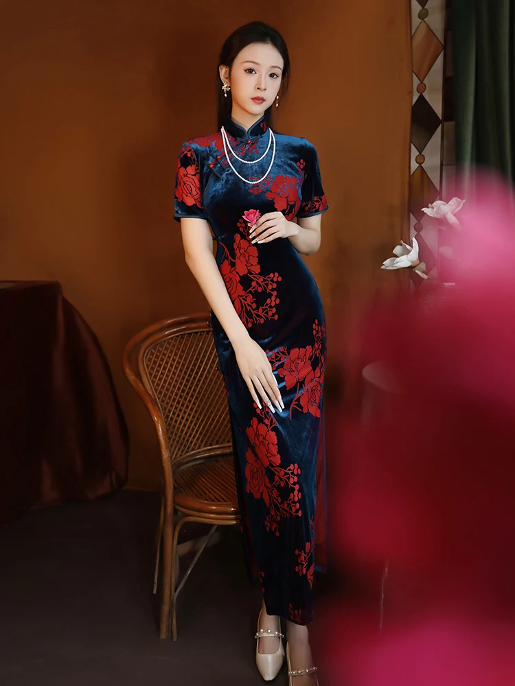 

Женское бархатное платье-ципао Ele Velvet Dr Retro в стиле ретро, осенне-зимнее, с длинным рукавом, косым воротником, для повседневной носки