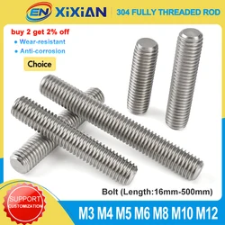 M3 M4 M5 M6 M8 M10 M12 304 Stainless Steel Full Threaded Rod Bolt Fully Metric Headless Thread Stud Rods Screws Length16mm-500mm