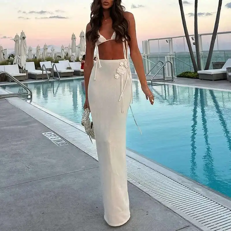 Conjunto de Bikini de punto ajustado con retales de flores, conjunto de dos piezas, falda larga Sexy ahuecada de cintura alta, ropa de playa para mujer, vacaciones informales 2025