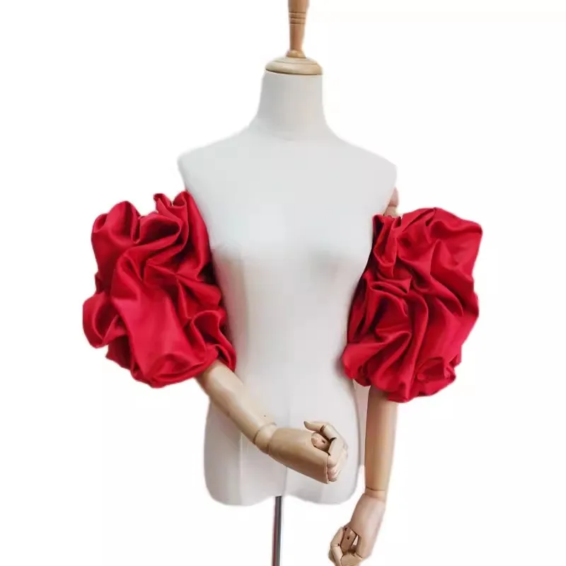 Elegant Designer Puff Red Satin Arm Sleeve Female Vintage Formal Dress Performance Party Glove dress decoration accessory