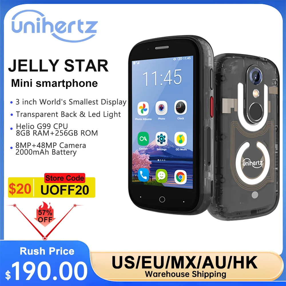 Unihertz جيلي ستار أصغر هاتف ذكي أندرويد 13 8GB 256GB Led ضوء شفاف خلفية الهاتف المحمول 48MP 3 بوصة الهواتف المحمولة