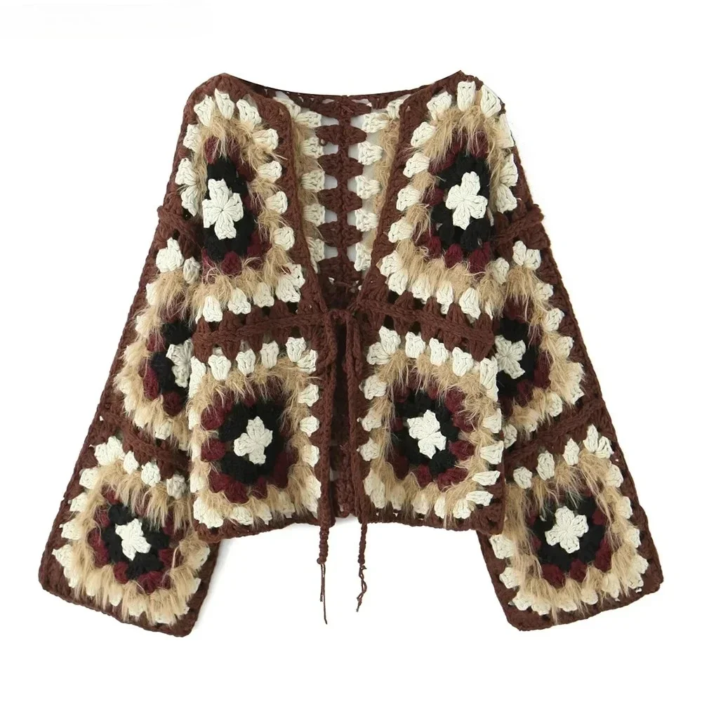 

Новинка 2025 года, женский цветной клетчатый кардиган с цветком, вязаный крючком вручную, этнический женский короткий свитер с v-образным вырезом и бантом спереди, трикотаж, джемпер