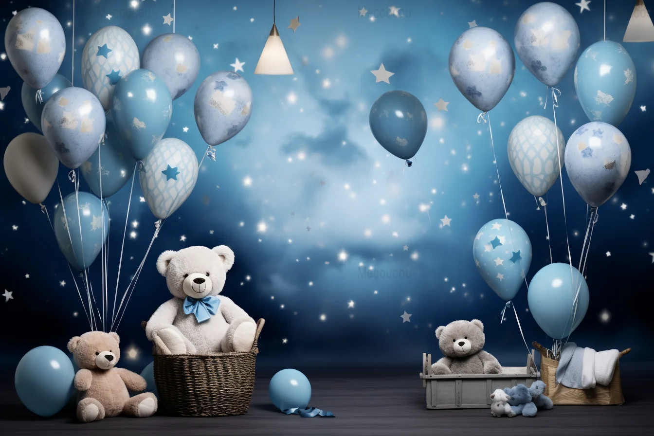 Bear Background Blue Balloon Cute Bear Boy Child Happy Birthday Party Photography Background Custom Photo Decoration Cake Table