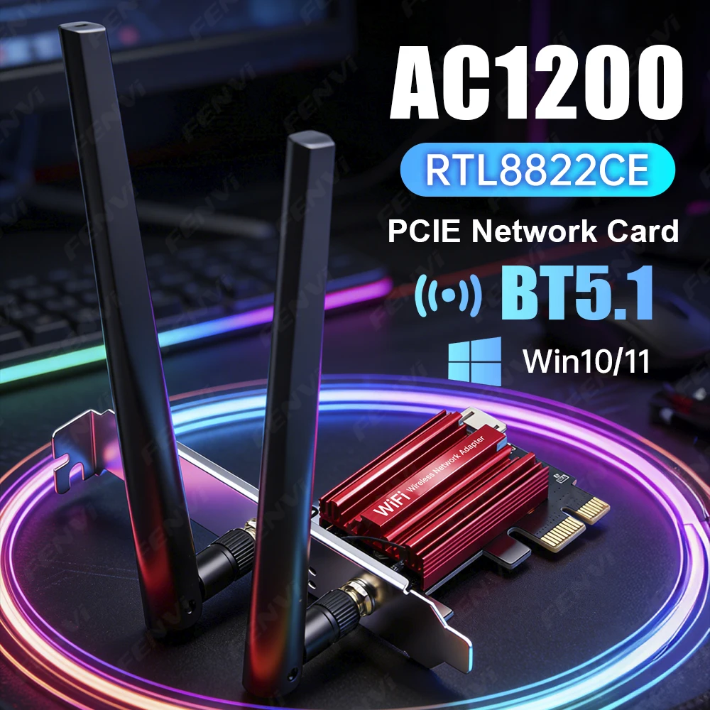 

WiFi 5 AC1200 PCI-E Wireless Adapter RTL8822CE BT 5.1 Dual Band 2.4G/5GHz 802.11AC Network Wi-Fi Card For Desktop Windows 10/11