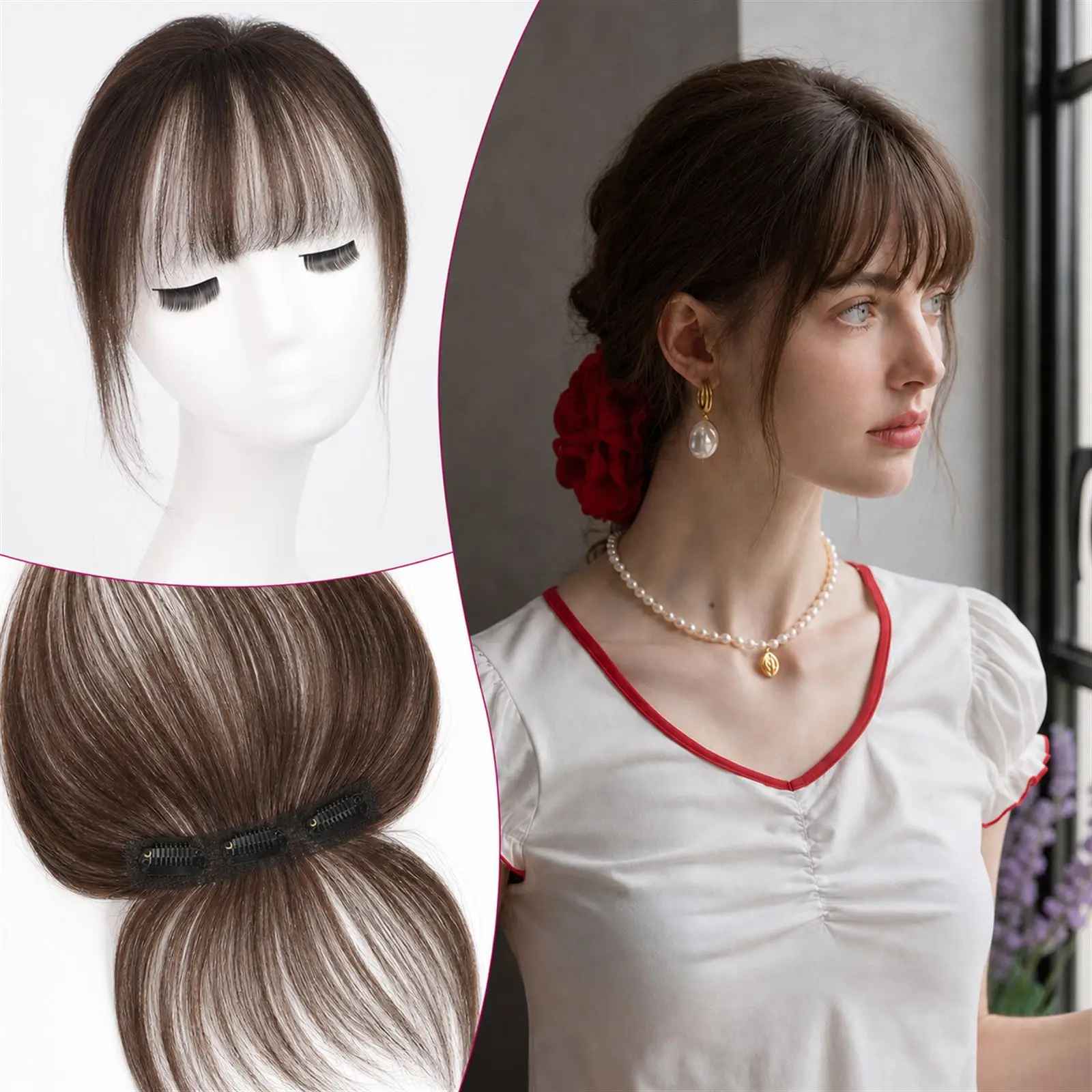 100% Real Human Hair 3D Wispy Bangs Clip in French Fringe Hair Extensions Breathable Lace Base Natural Brown Topper Hairpiece