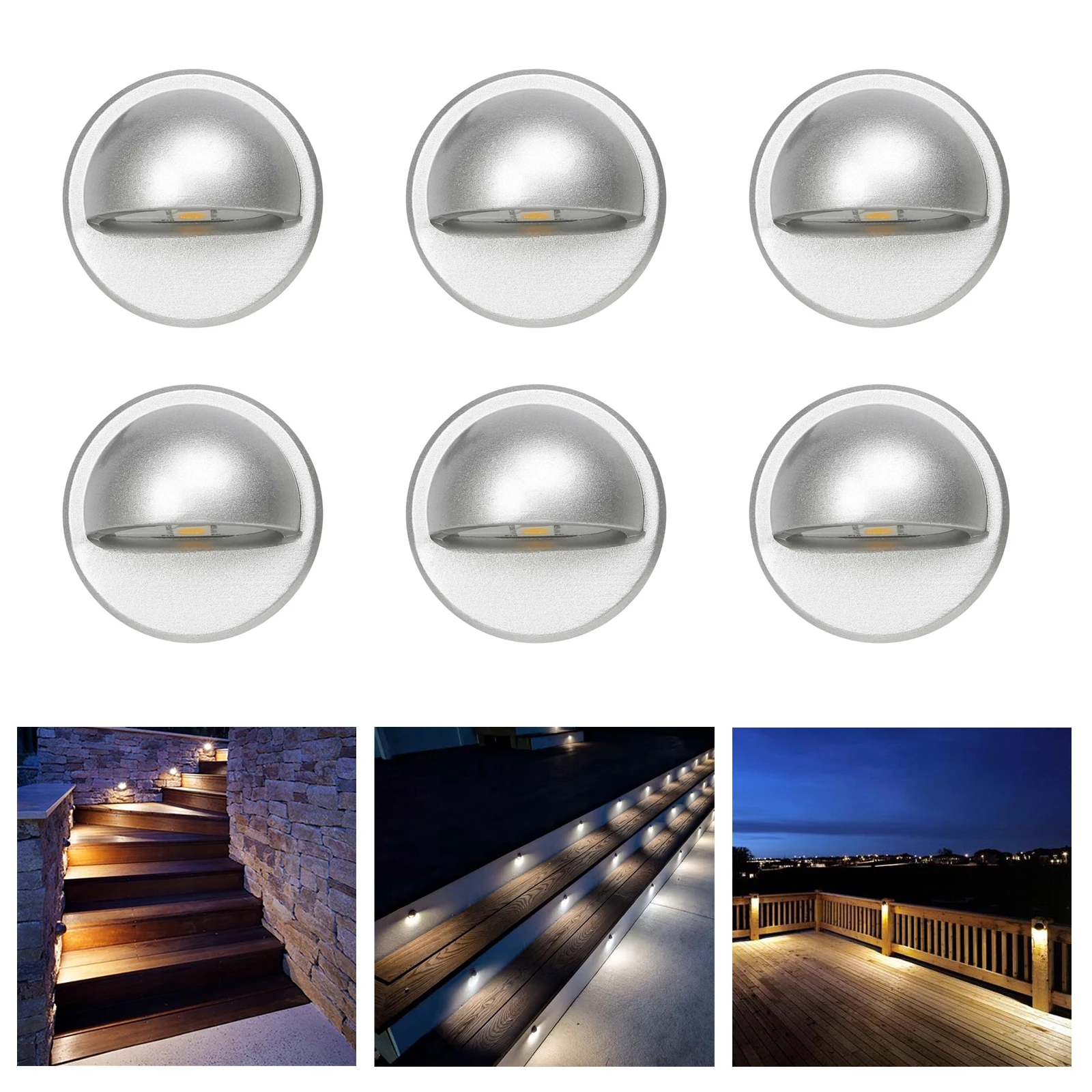 QACA 6 Pack Aluminum LED Step Stairs Lights Garden Decor Silver Balcony Lamp Wall Outdoor Yard Led Deck Lights with Transformer