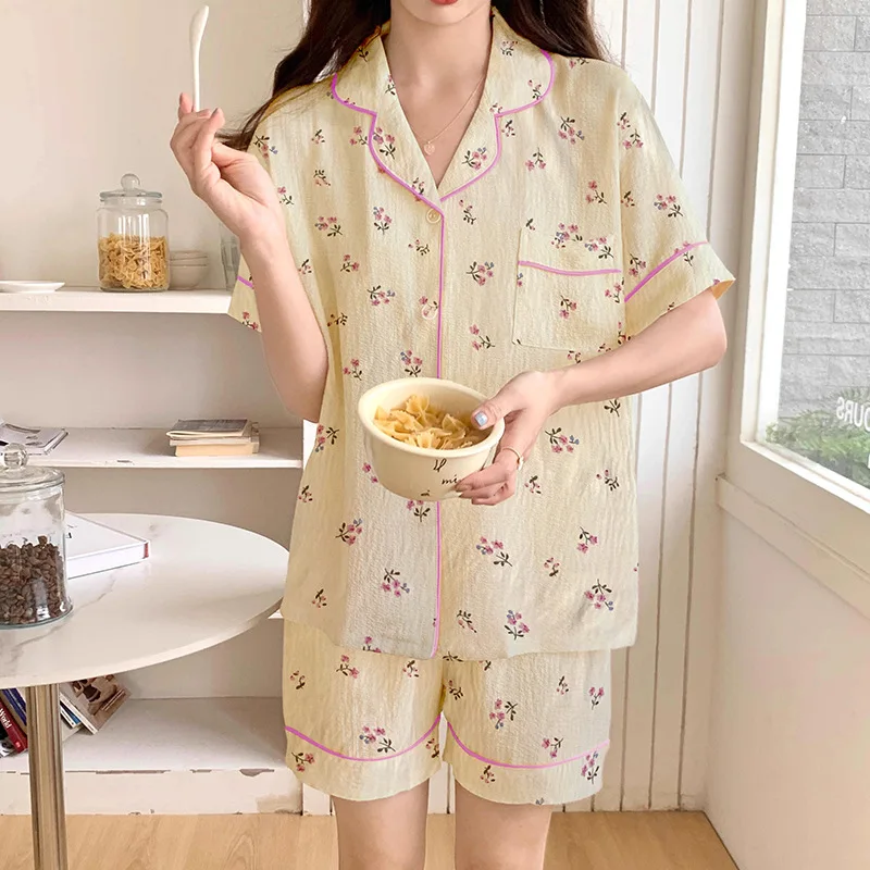 Summer New Ladies Cloud Cotton Pajamas Homewear Set Sweet Floral Short-Sleeved Shorts Pajamas Girls Homewear Set Student Homewea