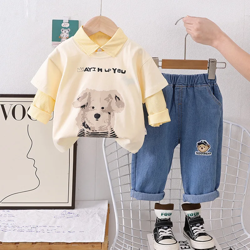 3PCS New Baby Boy Spring Outfit Set 2025 Autumn Cartoon Dog Sleeveless Vest + Striped Shirts + Pants Korean Fashion Kids Clothes