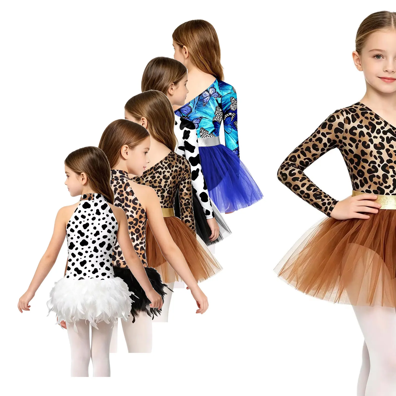 Kid Girls Ballet Dance Dress for Caveman Costume Performance One Long Sleeve Printed Bodice Tulle Dress Jazz Tango Dance Wear