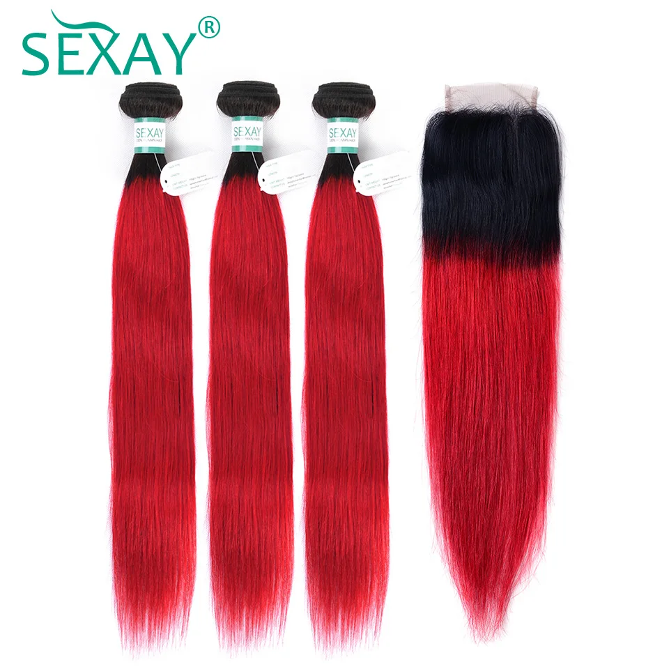 1B Red Bundles With Closure Baby Hair Ombre Straight Human Hair Weave 3 Bundles With 4x4 Transparent Lace Closure Pre Plucked