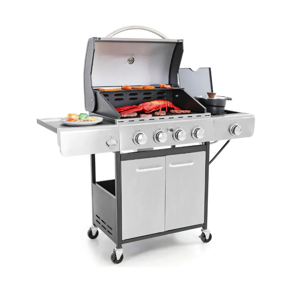 4-Burner Propane Gas BBQ Grill with Side Burner & Porcelain-Enameled Cast Iron Grates, 42,000 BTU Output Stainless Steel Grill