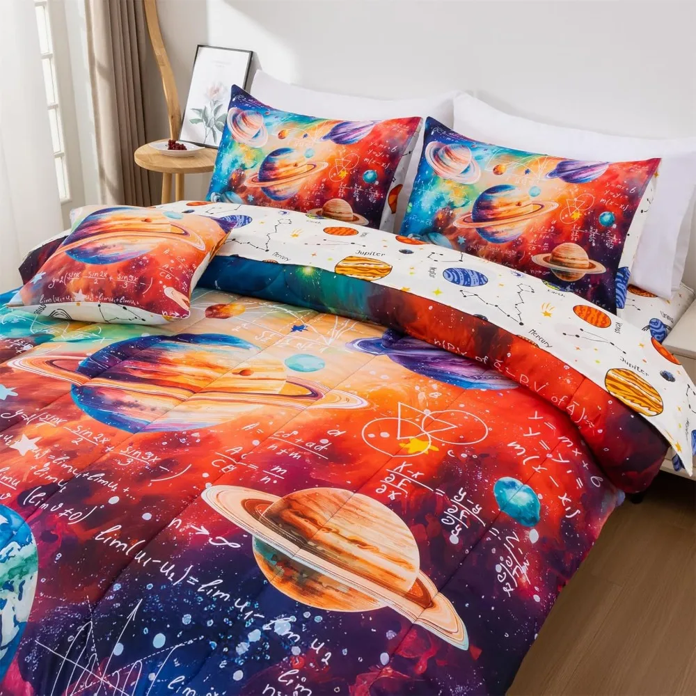 A Nice Night Boys Galaxy Queen 寝具セット 6 ピース ベッドインアバッグ掛け布団 シーツセット付き、スペース代数テーマ ポリエステル製ベッドセット