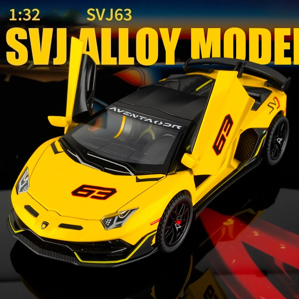 1:32 SVJ 63 合金スーパーカーモデル、サウンドとライト付きプルバックダイキャストおもちゃの車、子供男の子ギフト
