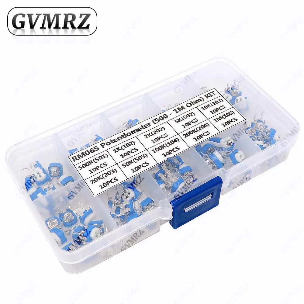 100PCS 10Values RM065 Potentiometer Kit (500Ω-1MΩ) in Box for DIY Electronic Circuit Project
